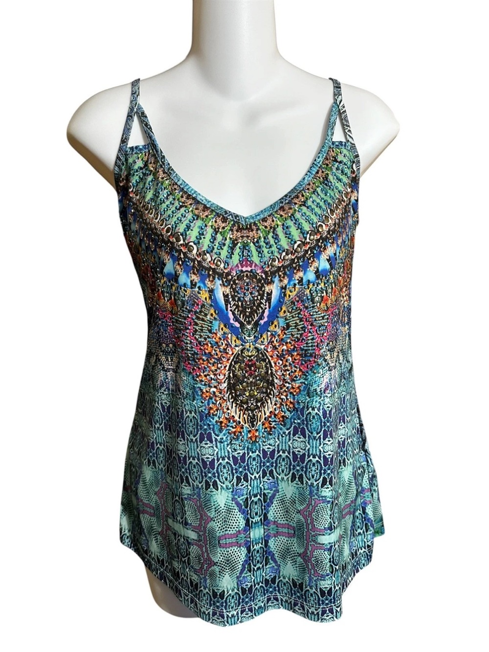 VENUS Teal Multi-Patterned V-Neck Camisole